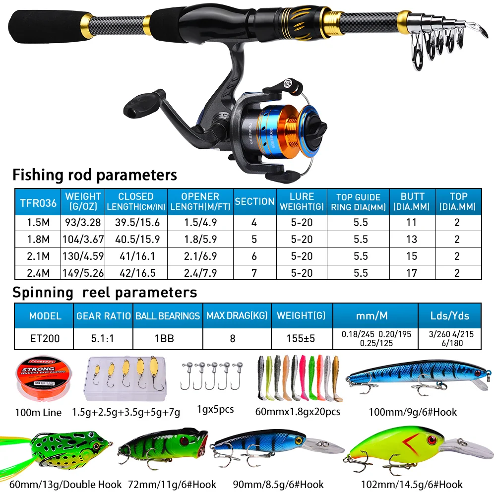 PROBEROS 1.5m-2.4m Fishing Rod - Spincast Reel reseña y precio